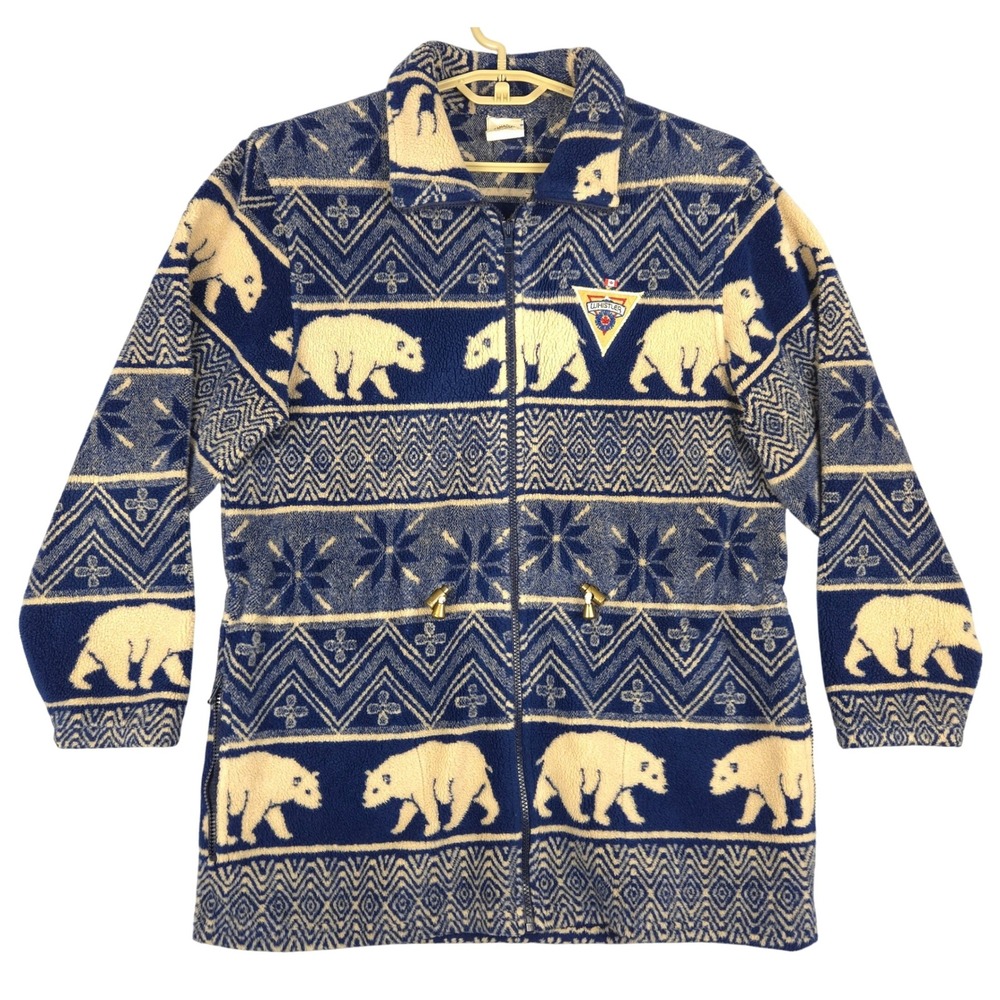 Vintage Canadian Polar Bear Fleece Jacket Blue Cream Whistler Womens M READ‎
